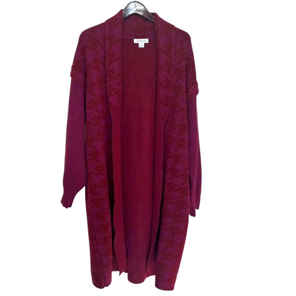 Liz Claiborne Womens XL Burgundy Houndstooth Open Front Duster Cardigan Sweater